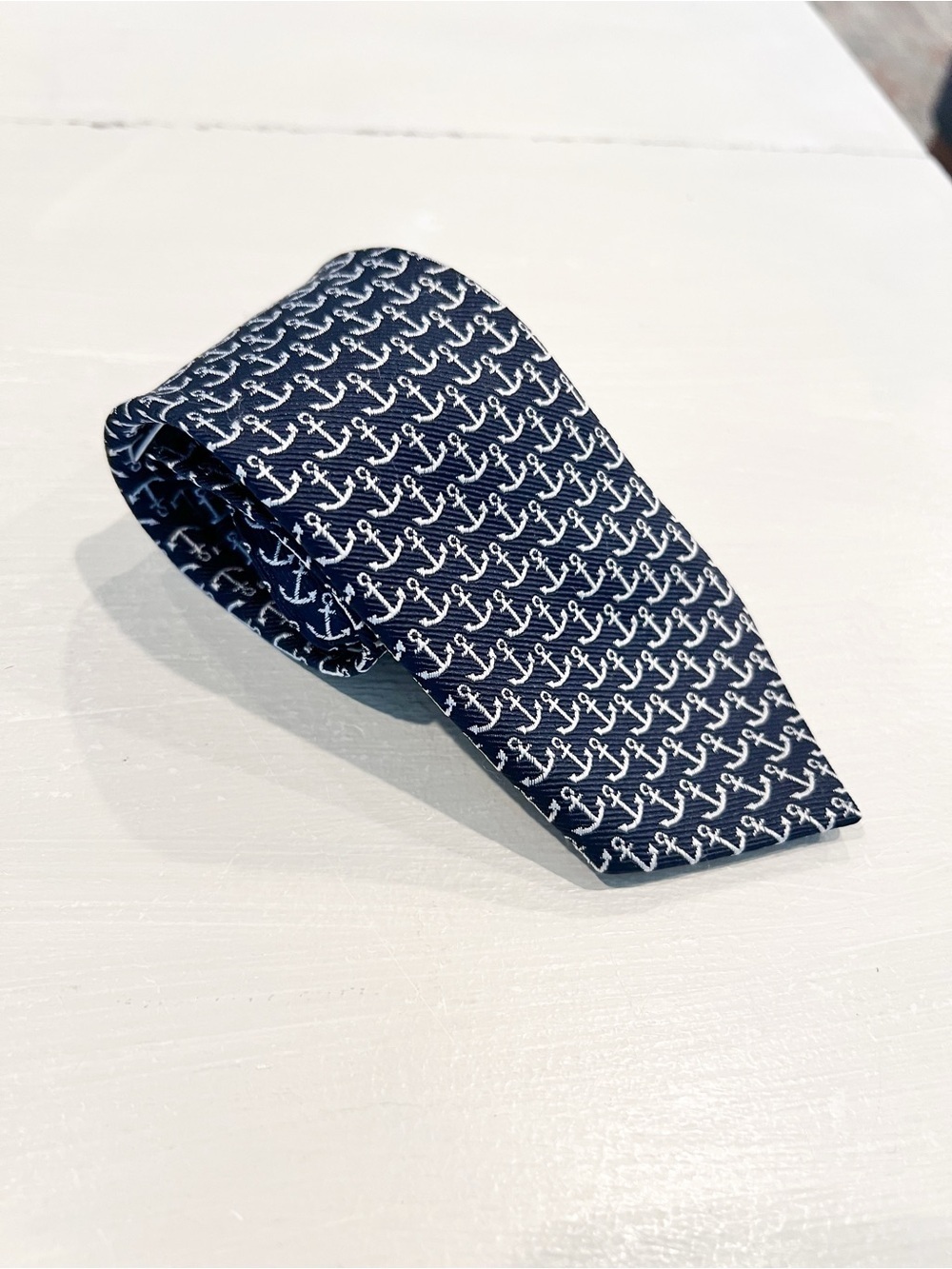 Janie & Jack Navy Anchor Print Boys Tie Nautical Preppy Accessory Velcro Closure